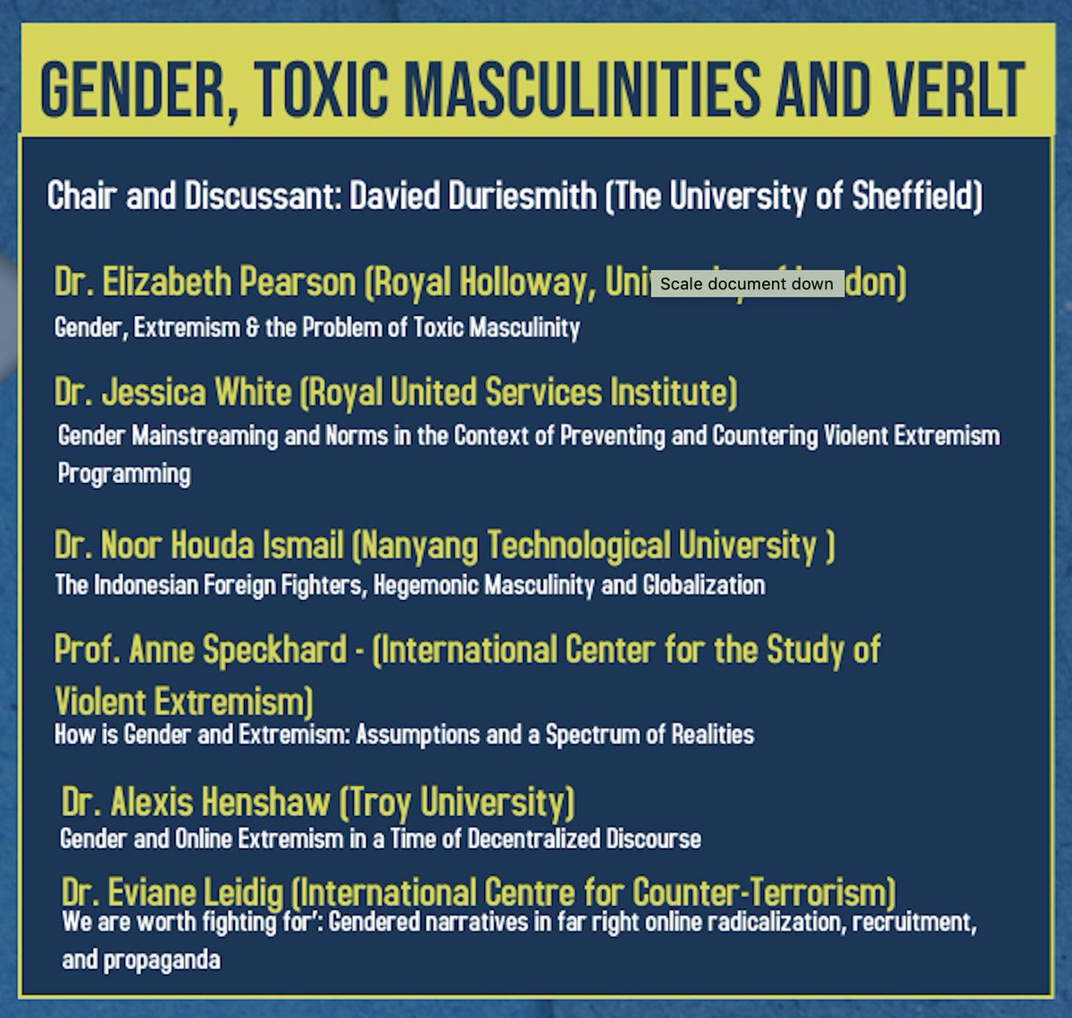 For those interested in #gender, #verlt #radicalisation #ToxicMasculinity #violence stay tunned for the @eucter Panel IV with @DavidDuriesmith @lizzypearson @J_White692 @noorhudaismail @AnneSpeckhard @Prof_Henshaw @evianeleidig