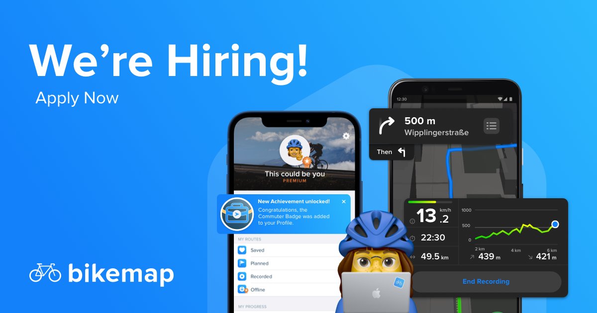 bikemap's tweet photo. We're hiring! 🚀

Current openings at @bikemap:
🚴🏿‍♀️ Android Developer
🚴🏻 Backend Developer
🚴🏽‍♀️ DevOps Engineer
🚴🏿‍♂️ People &amp; Talent Manager
🚴🏼 Growth Specialist

Join our passionate team to be part of the ride! 🌏 🚲
https://t.co/RCD9SWocQh https://t.co/xcnj9tSDfc