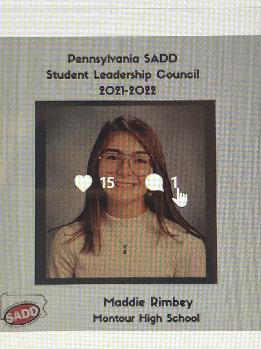 kelliheberle's tweet photo. Congratulations @maddie_rimbey on being selected as a member of the PA SADD Student Leadership Council.  So proud of all your hard work!  @SADDmontour @hilltopspartan @PA_SADD #montourproud https://t.co/lrbKv72UQF
