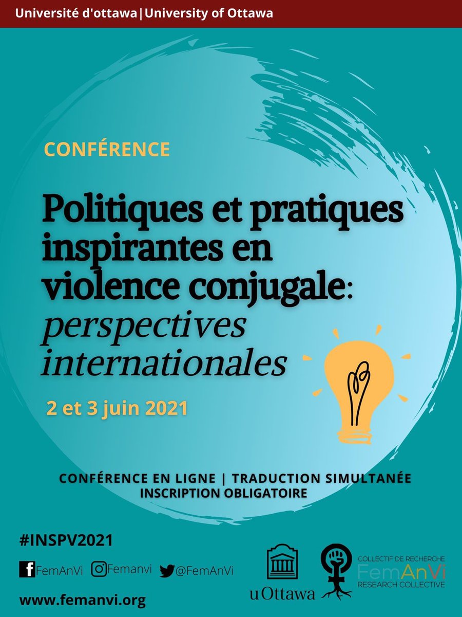 #INSPV2021 : fb.me/e/yRFzmUGQ

N'oubliez pas de vous inscrire au 4ème colloque international de FemAnVi qui aura lieu en ligne le 2 et 3 juin 2021. 

Inscription (45$ + TPH) ➡️ web4.uottawa.ca/webapp/wcs/sto…