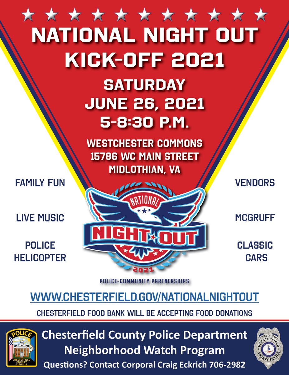 We're excited to announce the National Night Out Kick-Off! We hope you'll join us for an evening of music and fun - no admission fee! <a href="/WCCommons/">Westchester Commons</a> @ccpdcomsvcs <a href="/ccpdanimalsvcs/">Chesterfield Animal Services</a> @ColJSKatz <a href="/CfieldVA911/">Chesterfield Emergency Communications</a> <a href="/ChesterfieldVa/">Chesterfield County Government, Virginia</a> <a href="/OfficialNNO/">National Night Out</a>