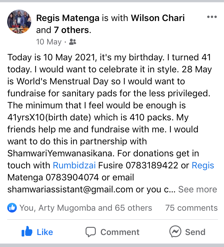 ShamwariyeMwana's tweet photo. #GivingTuesdays Our Officer, @reggysamaz celebrated his birthday in style by calling for donations of sanitary wear as part of his #MenstrualHygieneDay commemoration & managed to raise 180 packs which he handed over to the organisation. Thank you Mr Matenga
#MenAsRoleModels https://t.co/FZCLHY8KTR