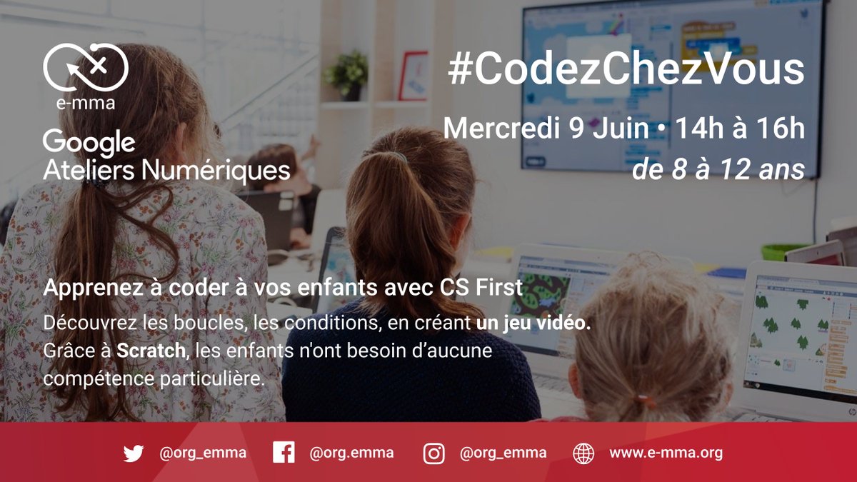 Org_Emma's tweet photo. L'association Emma vous propose des ateliers de code à distance hebdomadaires avec l'initiative #CodezChezVous

Prochain atelier le Mercredi 9 Juin à 14h, connectez vos enfants ici https://t.co/wvXcNrRIuU https://t.co/KxoyvixHbG