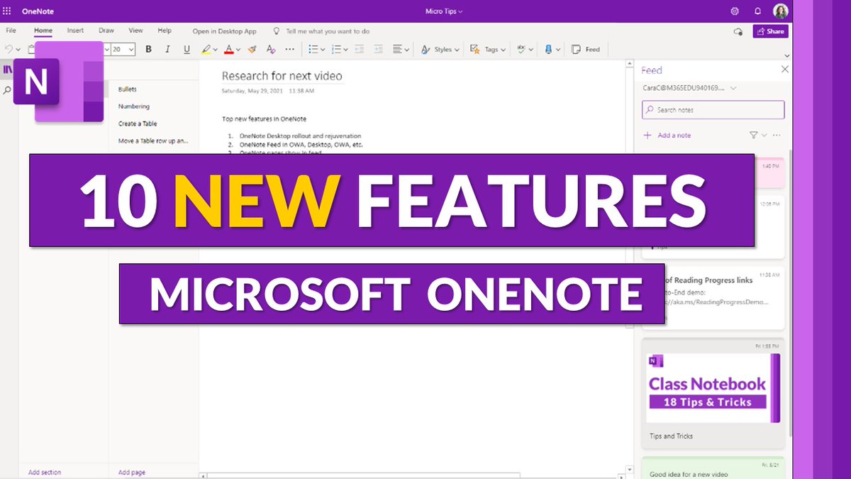 A tutorial video on the top 10 NEW features in #OneNote 💜 This covers Desktop, Web, Mac, iOS &amp; #MicrosoftTeams integration!  

⛅ Desktop rejuvenation
📃 OneNote Feed
⬆ Page sorting
📊 Class Notebook Insights
➕ Lots more

YouTube 📺 youtube.com/watch?v=xjm6PA…

#edtech #MIEExpert