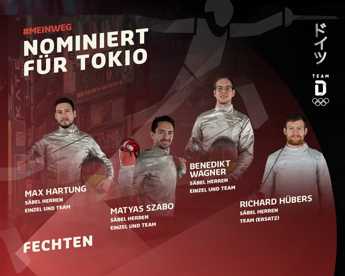 TeamD's tweet photo. Hier kommen die Fechter*innen, die für #TeamD in Tokio an den Start gehen werden! 🇯🇵

🤺 Wir freuen uns auf: Leonie Ebert, Peter Joppich, Benjamin Kleibrink, André Sanità, Luis Klein, @hartungmax, @matyas_szabo, @peterwagn3r und Richard Hübers! 😍
_____
#RoadtoTokyo @DFBfechten https://t.co/L038ihqIOR