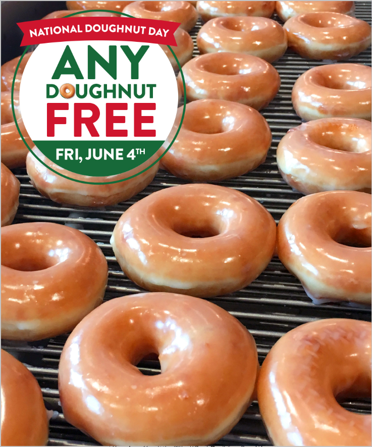 krispykreme's tweet photo. Our fav day, your fav deal! Both will be back this National Doughnut Day, FRIDAY JUNE 4 - come in for a FREE doughnut of your choice🍩🎉

Participating US &amp; CAN shops on Friday 6/4 ONLY, while supplies last! Offer valid only in shop - not online. Info here https://t.co/kM57AWU2he https://t.co/QAO4Y6hZL5