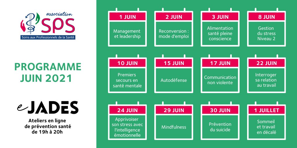 A vos agendas pour les #eJADES du mois de juin 2021 !
Découvrez et partagez le programme. 
Inscrivez-vous sans tarder ! 
asso-sps.fr/ejades 
#soignants #professionnelsdelasanté #santé #préventionsanté #étudiants #festicomsanté