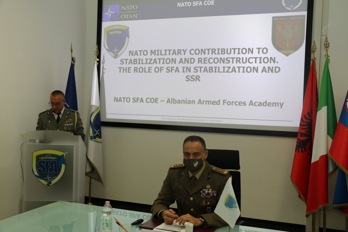 NATOSFACOE's tweet photo. #NSFACOE lectures the Command and General Staff Officers course participants of the Albanian🇦🇱 Armed Forces Academy, addressing support to S&amp;R #Operations through #LessonsLearned, the support to #Defence Capacity Building and the doctrinal revision process
#NATO #WeAreNATO https://t.co/vDiWbZNq61