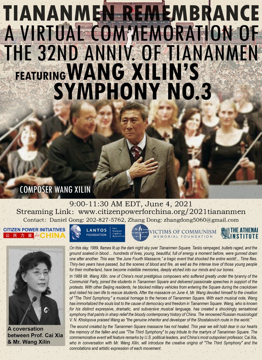 Register now for a virtual remembrance of the #Tiananmen Square Massacre, 6/4 @ 9am EDT. This special event with @CitizenPowerIFC will feature renowned composer Wang Xilin’s Symphony No.3, written in remembrance of the victims of the massacre. bit.ly/3i8LRAo