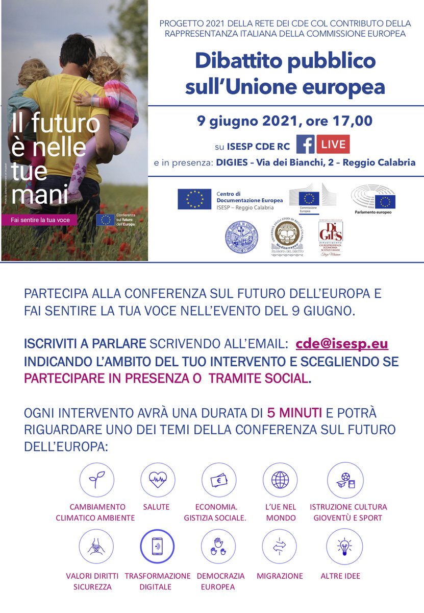 isesp_rc's tweet photo. È partita la Conferenza sul futuro dell’Europa, fai sentire anche tu la tua voce e partecipa al Dibattito pubblico sull’Unione Europea che il CDE dell’ISESP organizza il 9 giugno 2021 alle ore 17,00.
@europainitalia @ReteCDEItalia @CDEItalia 
#CDEItalia #europainitalia #Cofeu https://t.co/0OIhfZDva1