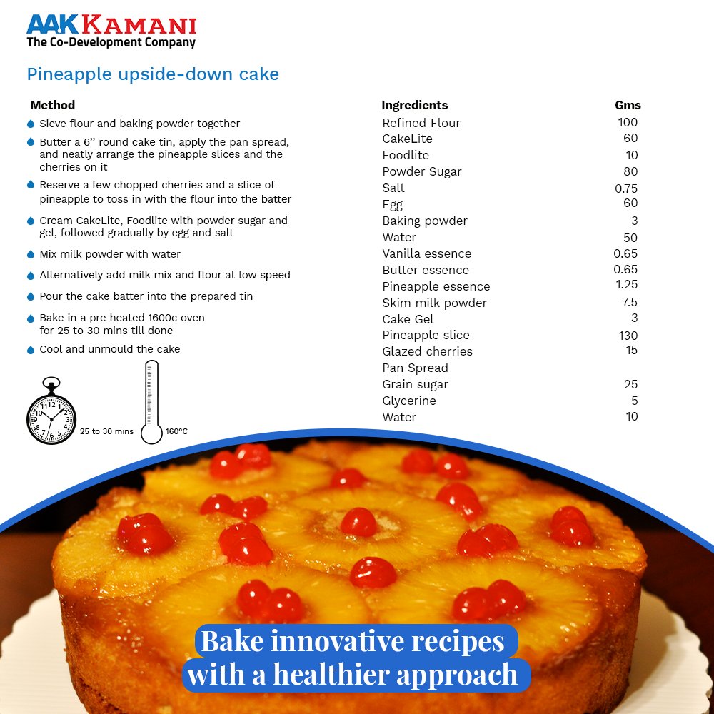 AAKIndiaCo's tweet image. Co-Develop this innovative Pineapple upside-down cake with #AAKKamani and serve the most delicious &amp;amp; better quality cakes.
To Co-Develop such innovative recipes with Cakelite- Trans free Margarine, visit:
aakkamani.com/solutions/bake…  or connect on 18002666363.
