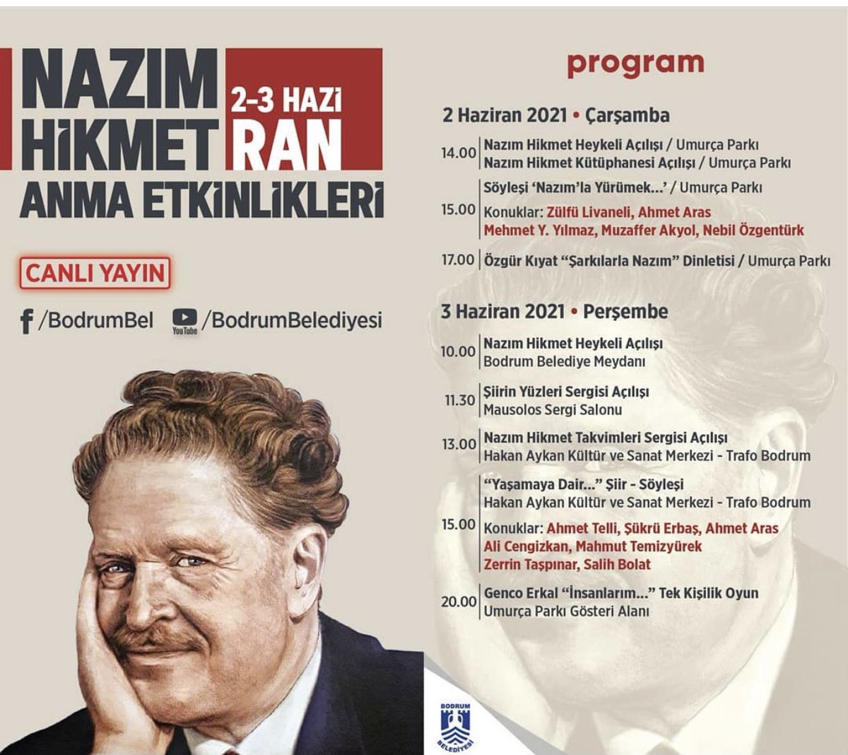 nebilozgenturk's tweet photo. NAZIM ETKİNLİKLERİ.. @bodrumbel 2 gün sürecek harika Nazım anması yapıyor.. Sohbetler de var.. Müzik de.. Heykel açılışı da tiyatro da..Belgeselimiz de.. @zlivaneli  @ahmetarasbodrum @gencoerkal @ozgurkiyatofficial @ #mehmetyakupyılmaz #muzafferakyol https://t.co/ifL8p0InMc