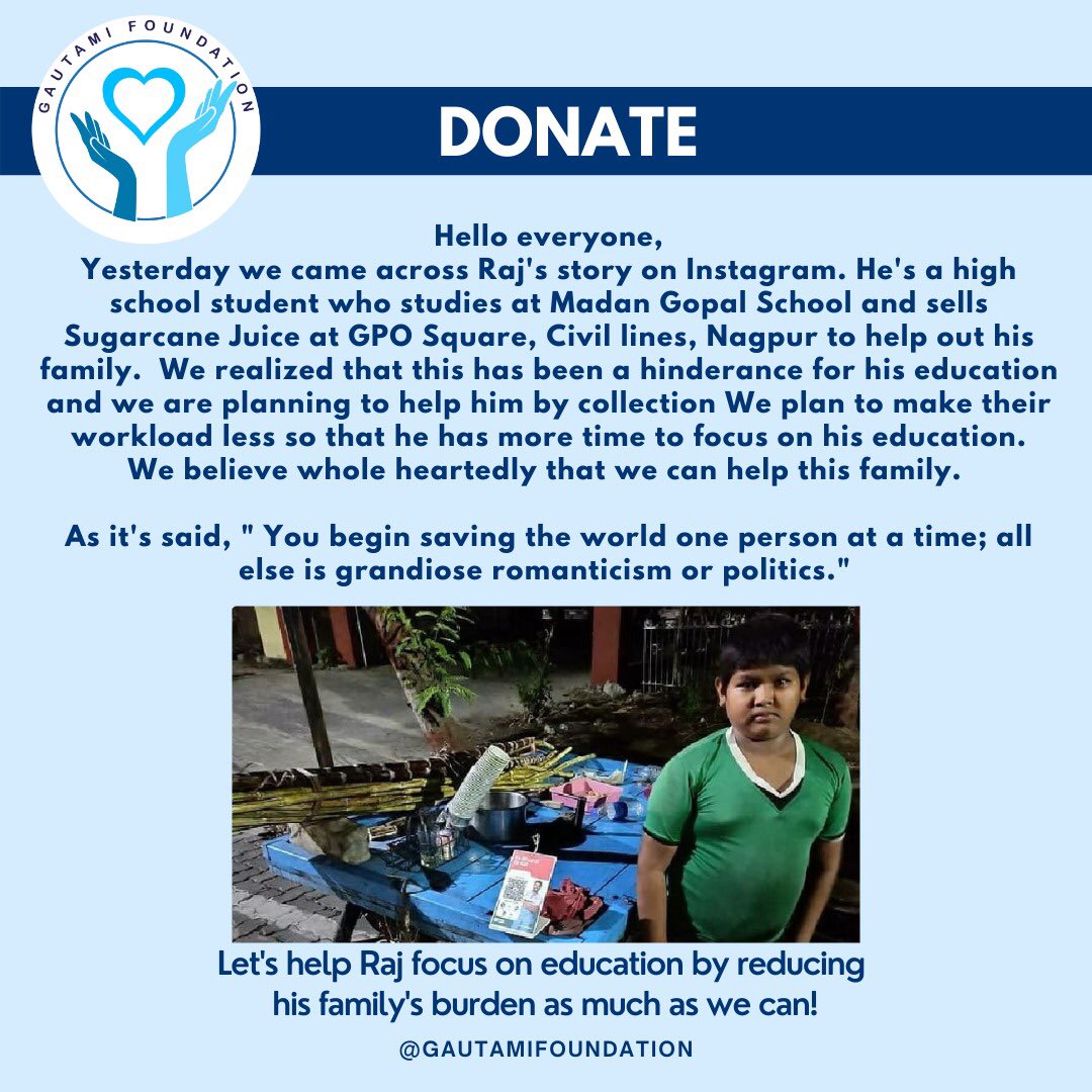 GautamiFoundat1's tweet photo. Let’s help Raj focus on education by reducing his family  burden has much as can. #education #Children #SonuSood @SonuSood #awarness #support #Nagpur #nagpurcitypolice @NagpurPolice https://t.co/WWROncdTMV
