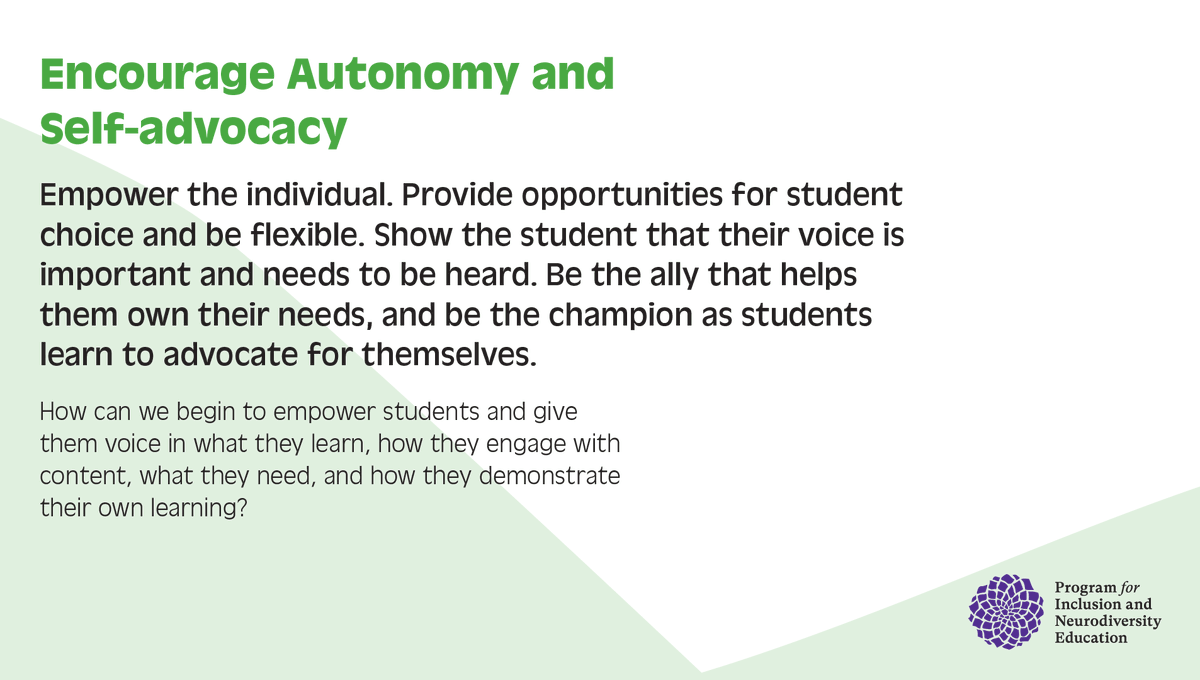 pineprogram1's tweet photo. Make the #PinePromise: Encourage autonomy &amp; self-advocacy. 

Every school community is neurodiverse. How can your school support its neurodivergent students? 
 #PINE9 #PrideMonth2021🏳️‍🌈 https://t.co/vPW49JkDEo