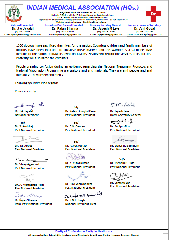 Mr. Ramdev thought it fit to launch his tirade against National COVID-19 treatment. People creating confusion regarding the National Treatment Protocols and National Vaccination Programme are traitors and anti-nationals. They deserve no mercy: Indian Medical Association