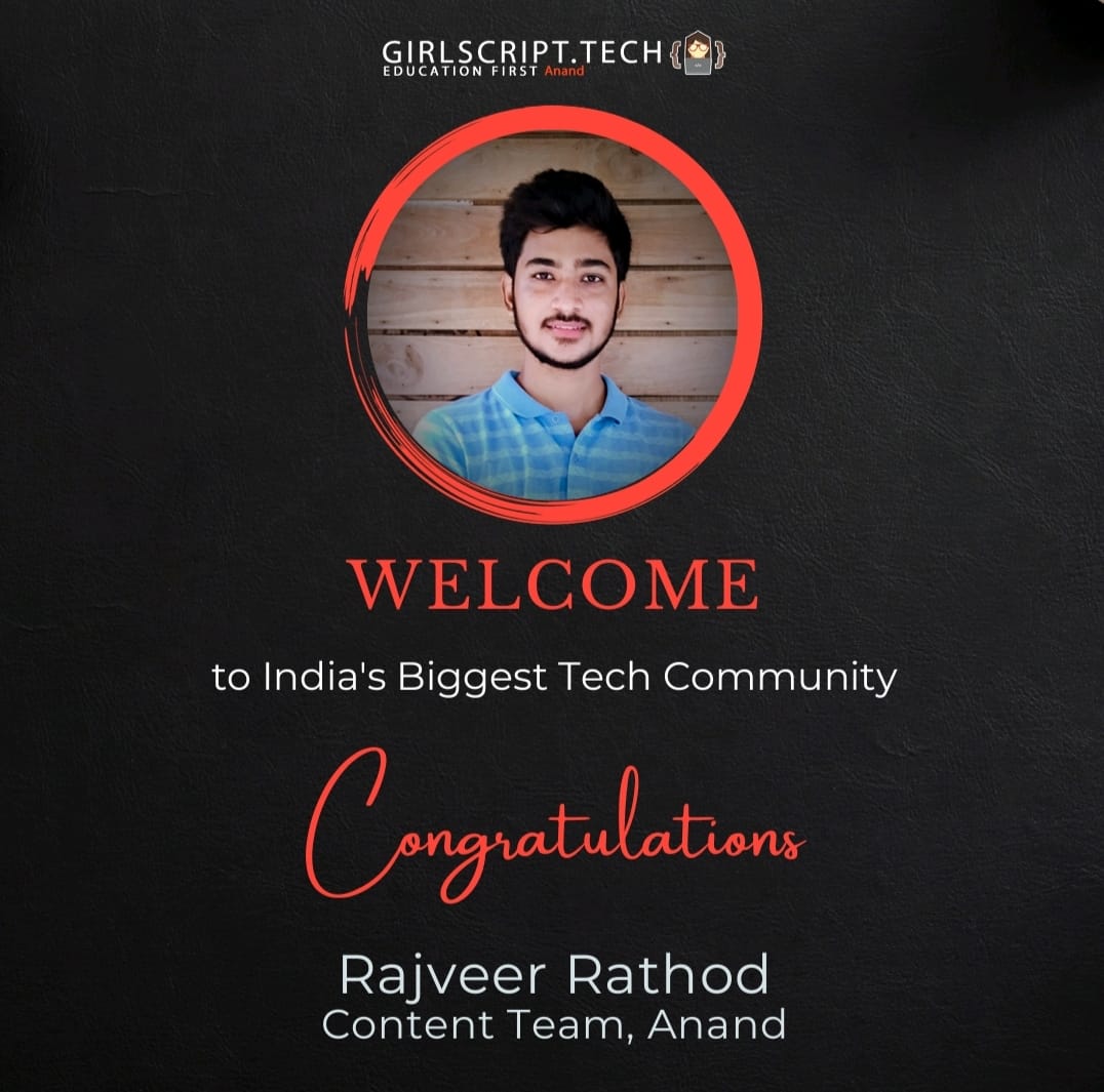 GirlscriptAnand's tweet image. GirlScript Anand Chapter proudly introduces their  Content team.

▶️ Shrusti Thakkar
▶️ Rajveer Rathod
▶️ Bhumika Ailawadi

#girlscript