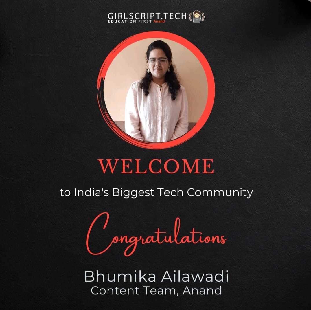 GirlscriptAnand's tweet image. GirlScript Anand Chapter proudly introduces their  Content team.

▶️ Shrusti Thakkar
▶️ Rajveer Rathod
▶️ Bhumika Ailawadi

#girlscript