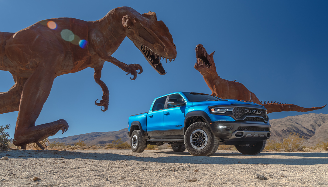 RamTrucks's tweet photo. Family reunion. #RamTRX #DinosaurDay 🦖 https://t.co/bst7t34oWf