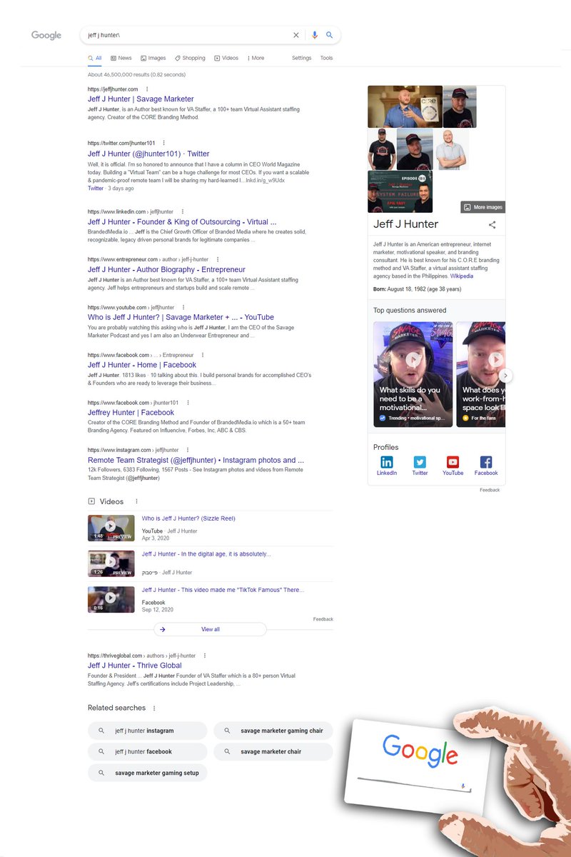 jasonmbarnard's tweet photo. #DailyBrandSERP
Featuring a personal Brand SERP for today.
Here, users easily understand who he is, what he does and what kind of audiences he serves. Sexy! Big hats off to this groovy digital footprint.
@jeffjhunter
@KalicubePro
#personalreputation
#personalbrand
#JeffJHunter https://t.co/5IXb1G72hS