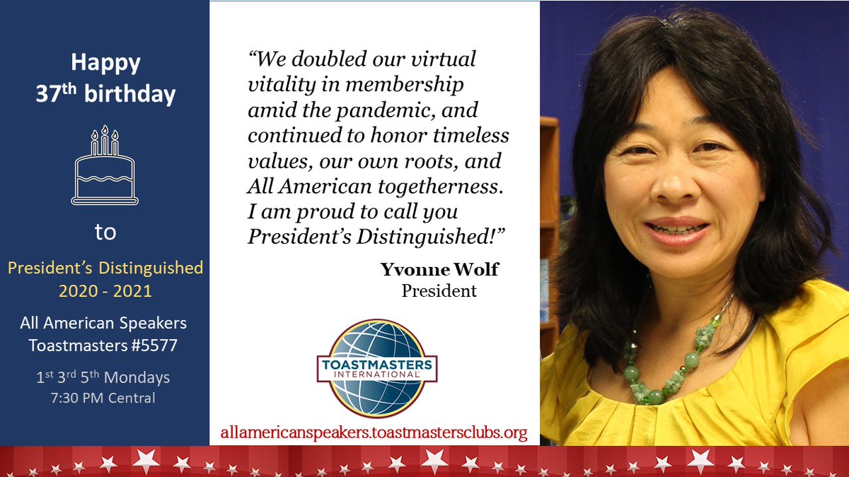 This is only 2nd time in 37 yr this #Toastmastersclub achieves #ToastmastersInternational President's Distinguished 🌟 

Bringing out the best in all of us - in a pandemic - is the All American style ♥️

#Toastmasters guest signup: …mericanspeakers.toastmastersclubs.org

#WhereLeadersAreMade