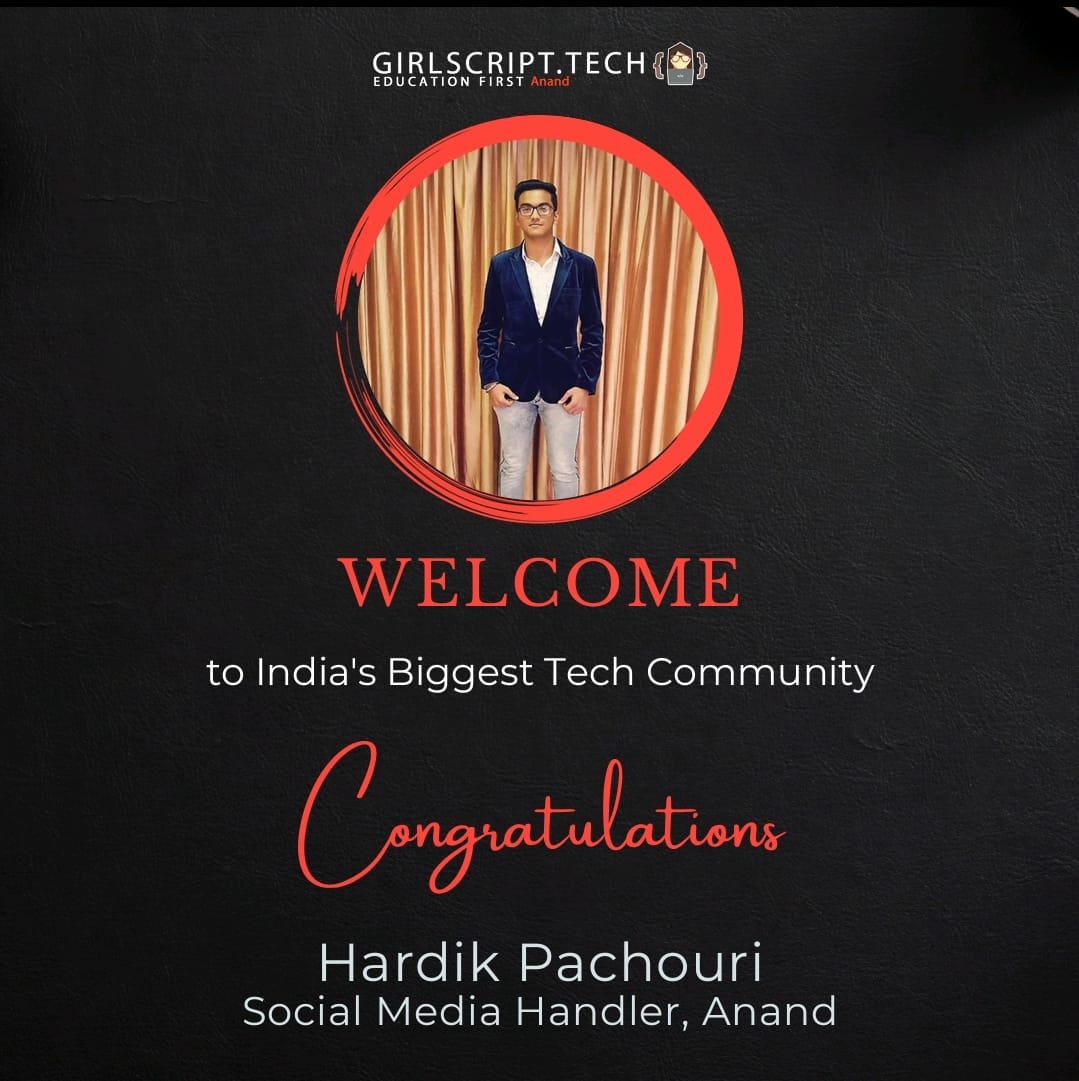 GirlscriptAnand's tweet image. GirlScript Anand chapter proudly introduces its social media handler.

 ▶️ Hardik Pachouri

#girlscript