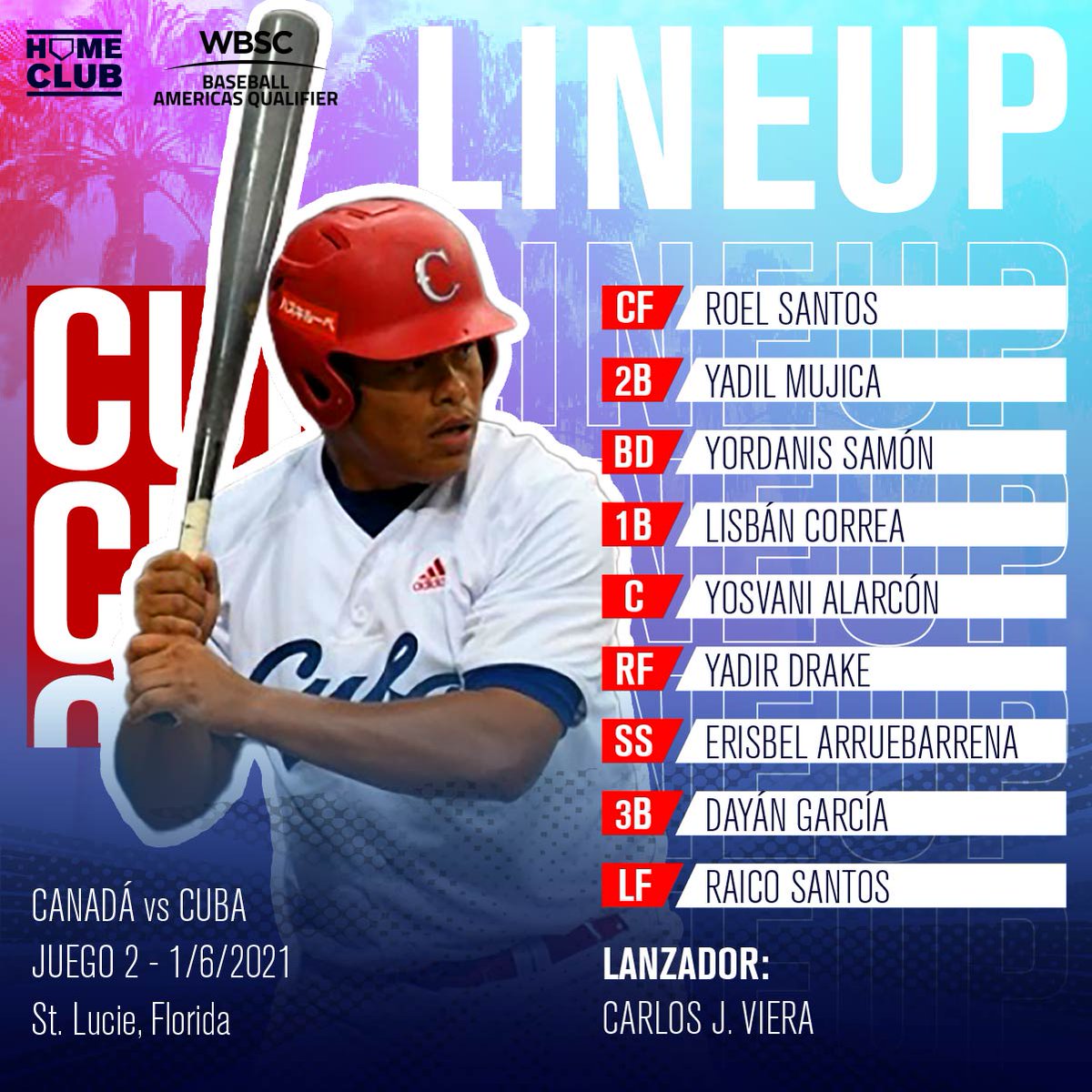 Así alineará hoy el equipo Cuba ⚾🇨🇺 en su segunda salida. Un encuentro de vida o muerte ante Canadá 🇨🇦.

#PreOlimpico 
#HomeClub | #LaCasaDelBeisbol