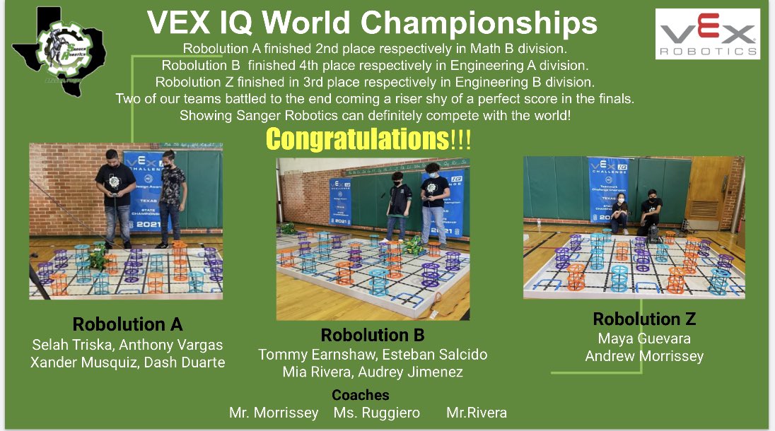 Alex Sanger (@sangerstallions) on Twitter photo Very proud of our <a href="/SangerStallions/">Alex Sanger</a> Robotics Teams. They all placed in the top 4 in each of their divisions at the VEX IQ World Championships. Thank you Mr. Morrissey, Ms. Ruggerio, and Mr. Rivera! <a href="/BANDFeeder/">Bryan Adams/North Dallas Cluster</a> <a href="/alexmerrittedu/">Alex Merritt</a> <a href="/DanforDISD/">Dan Micciche</a> <a href="/dallasschools/">Dallas ISD</a> @MRamirezDISD Very proud of our <a href="/SangerStallions/">Alex Sanger</a> Robotics Teams. They all placed in the top 4 in each of their divisions at the VEX IQ World Championships. Thank you Mr. Morrissey, Ms. Ruggerio, and Mr. Rivera! <a href="/BANDFeeder/">Bryan Adams/North Dallas Cluster</a> <a href="/alexmerrittedu/">Alex Merritt</a> <a href="/DanforDISD/">Dan Micciche</a> <a href="/dallasschools/">Dallas ISD</a> @MRamirezDISD