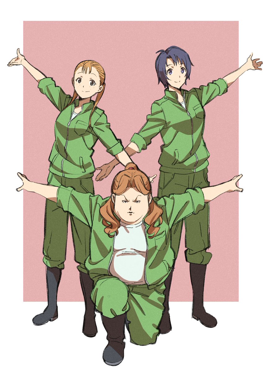 multiple girls 3girls outstretched arms boots green pants spread arms brown hair  illustration images