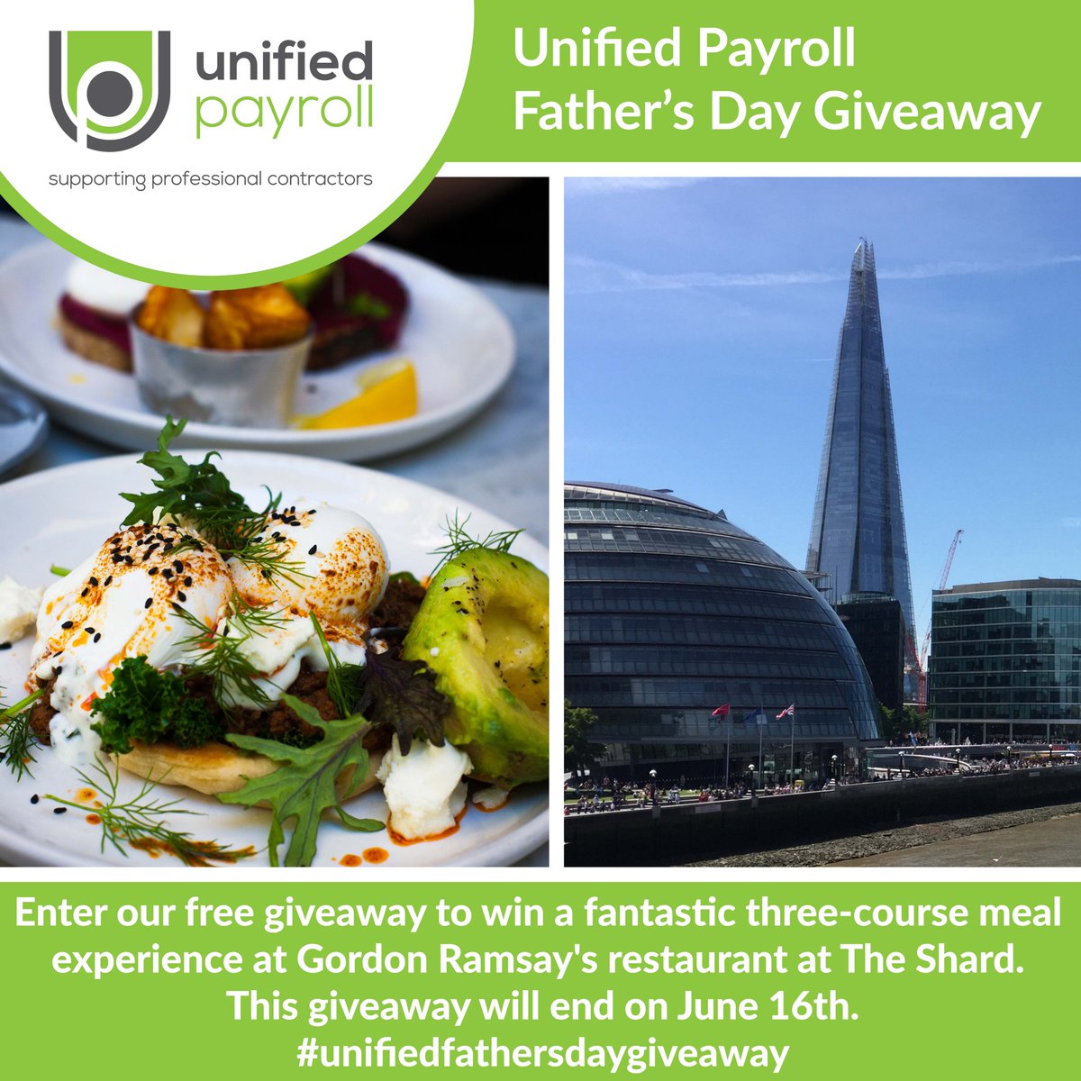 One lucky winner will win a three-course meal experience at Gordon Ramsay’s restaurant at The Shard.
 
To enter our giveaway, simply:
 1. Like this post
 2. Follow @Unified_Payroll
 3. Tag 3 friends
Giveaway ends 16th June Midnight.
Giveaway prize is valid until 31 October 2021. https://t.co/08IYAlnMJ2