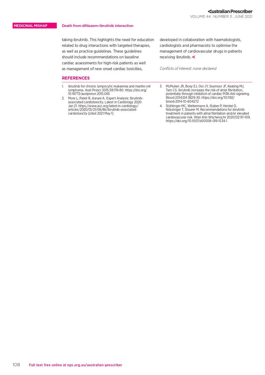 sefh_'s tweet photo. En pacientes que presentan fibrilación auricular que requieren control de frecuencia mientras toman #ibrutinib
💊betabloqueantes
💊digoxina si necesario (espaciar 6h con ibrutinib).

‼️Si necesario #diltiazem, ⬇️ ibrutinib 50% - 75% por interacción grave

https://t.co/eoGOg4IL1m https://t.co/GtzoG4Wbaf