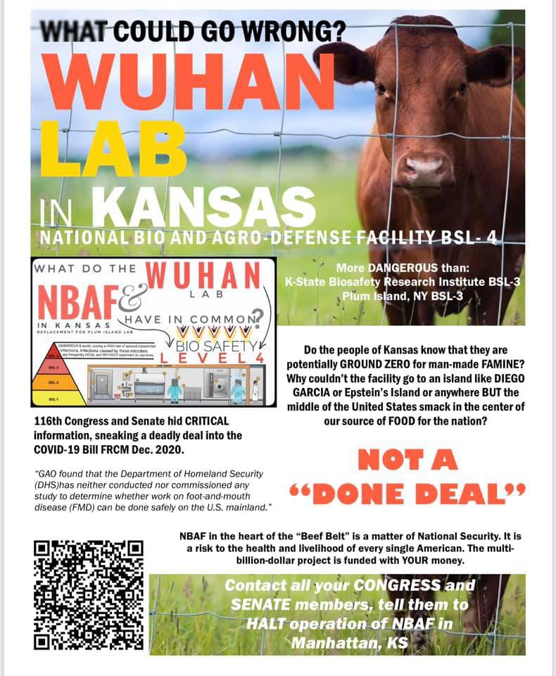 davislee115's tweet photo. Now that it’s widely accepted that the China Virvs came from the lab in Wuhan and it’s been admitted that lab leaks happen all the time, can we agree that it’s a bad idea to put an NBAF Level 4 bio lab in Kansas on the campus of KSU and in the middle of our nations food supply? https://t.co/RD2nhaFP5e