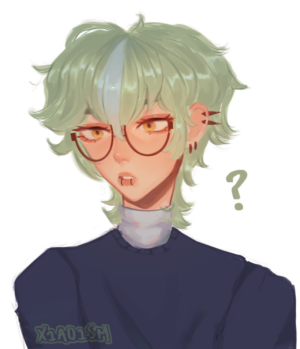 sucrose (genshin impact) glasses solo ? green hair piercing white background sweater  illustration images