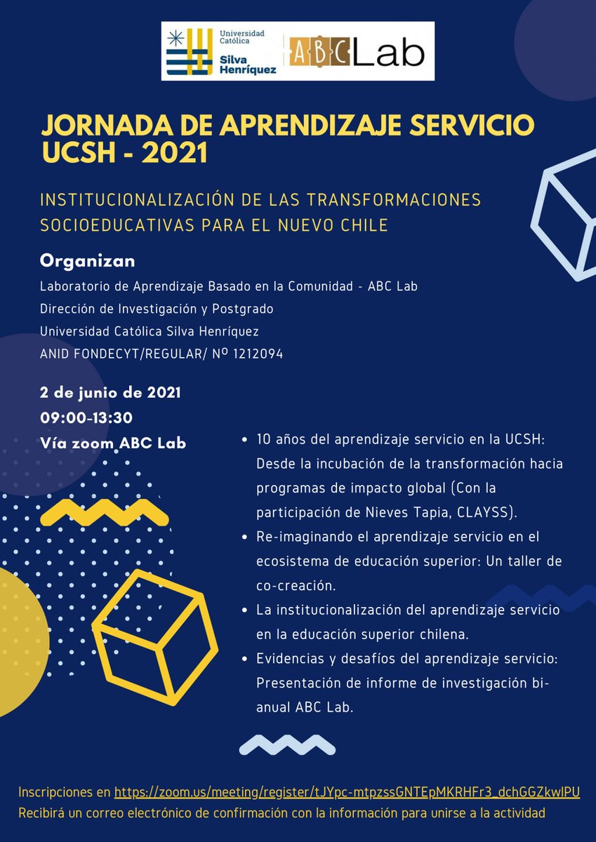 ¡Invitación!
Mañana, nuestra directora, #NievesTapia, participará del panel de apertura de la Jornada de Aprendizaje-Servicio #UCSH.
2-JUN / 9 hs. (ARG-CH).
Inscripciones: bit.ly/3yWfNW6
Organizan: <a href="/abclab1/">ABC Lab</a>, Dirección de Investigación y Postgrado <a href="/UCSH_oficial/">UCSH</a>.
#ABCLab