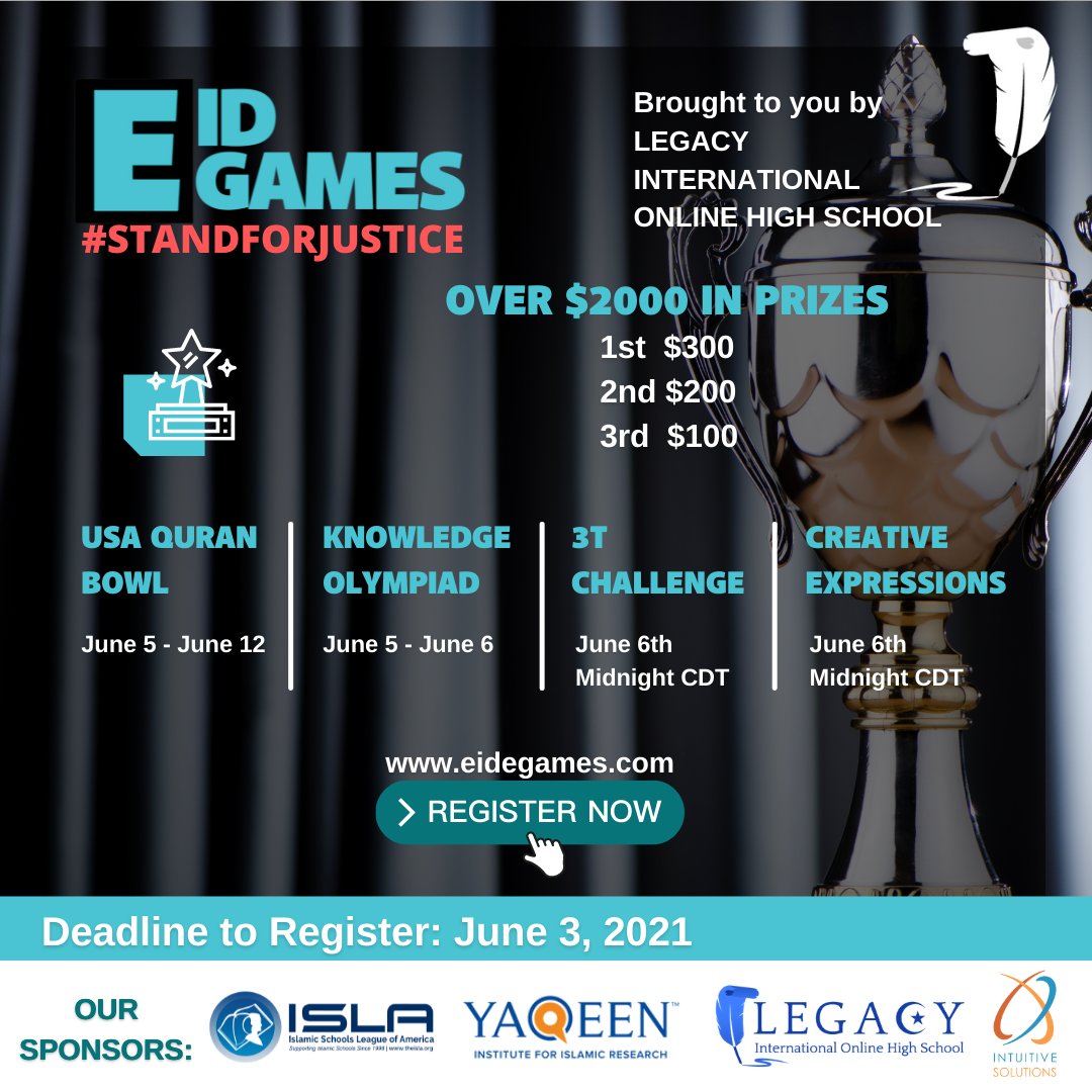legacyintonline's tweet photo. Eid eGames is around the corner! Have you registered yet?

Registration deadline for LIVE competitions is THIS Thursday, June 3.

Creative Expressions and 3T Challenge submissions are due Sunday, June 6 at midnight CDT!
https://t.co/Vmo92z3IOQ
#eidegames #Eid2021 #StandForJustice https://t.co/eBh84sclGP