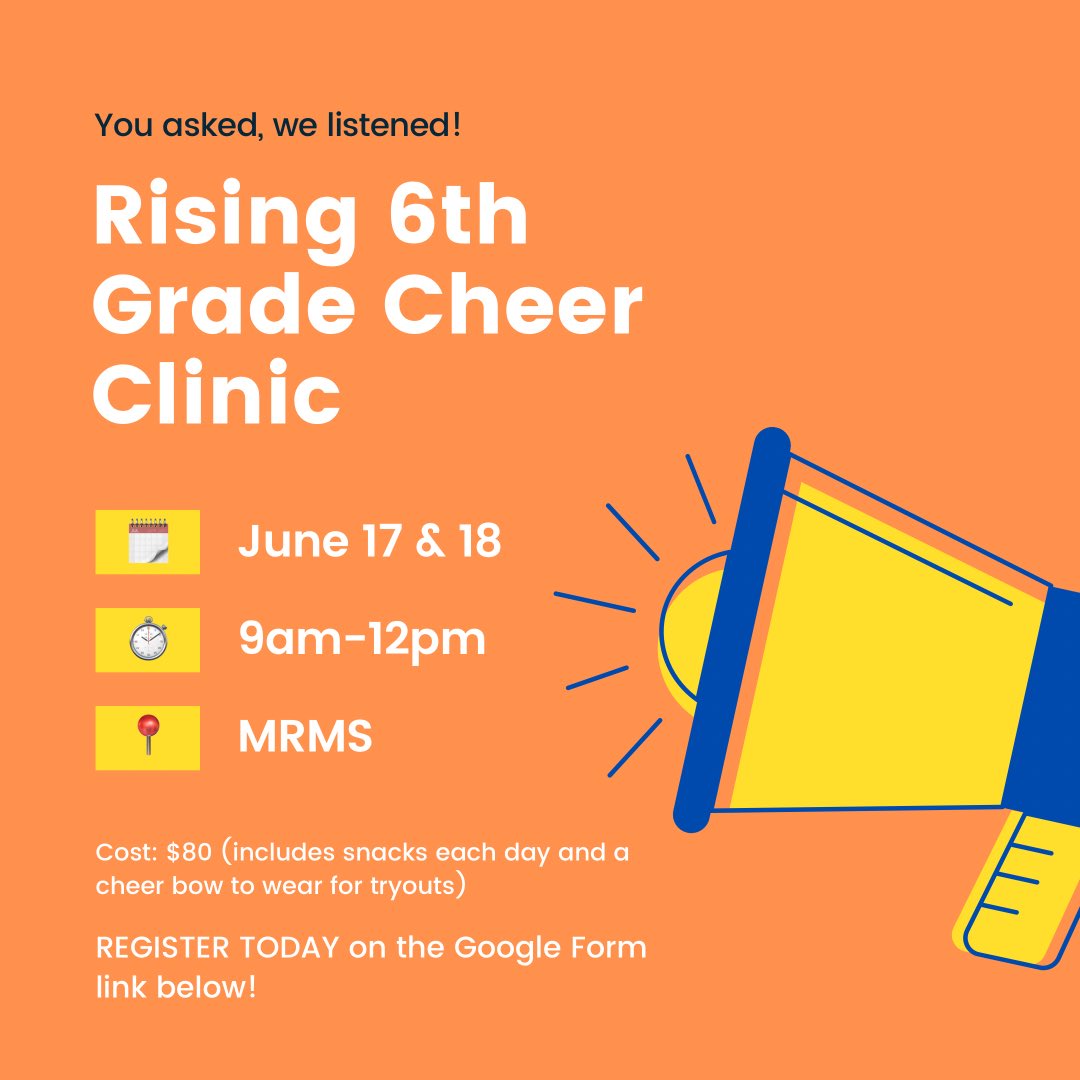 MRMavsCheer's tweet image. HEY👋🏼 Calling all rising 6th graders! This is for you! Come work on sideline skills so you’re prepared for tryouts! @ReaViewES_NC @SandyRidgeES_NC @MarvinES_NC @MavAthletics 
REGISTER: forms.gle/SE6DnLDo268tHc…