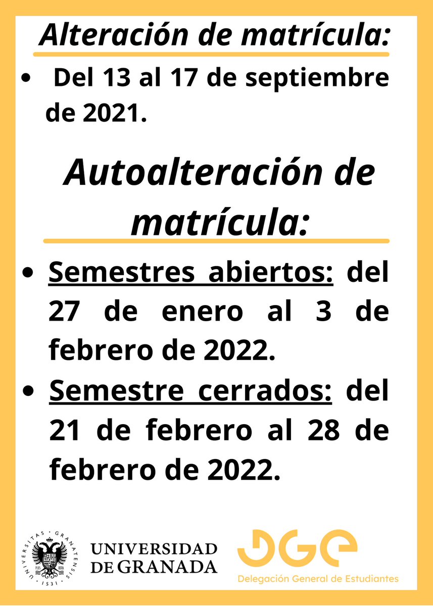 dgeUGR's tweet photo. 📢Ya se encuentra disponible la información del periodo de automatrícula y alteración para el curso 2021-2022.

Toda la información en las infografías⬇️ https://t.co/hrUfzYsdPk