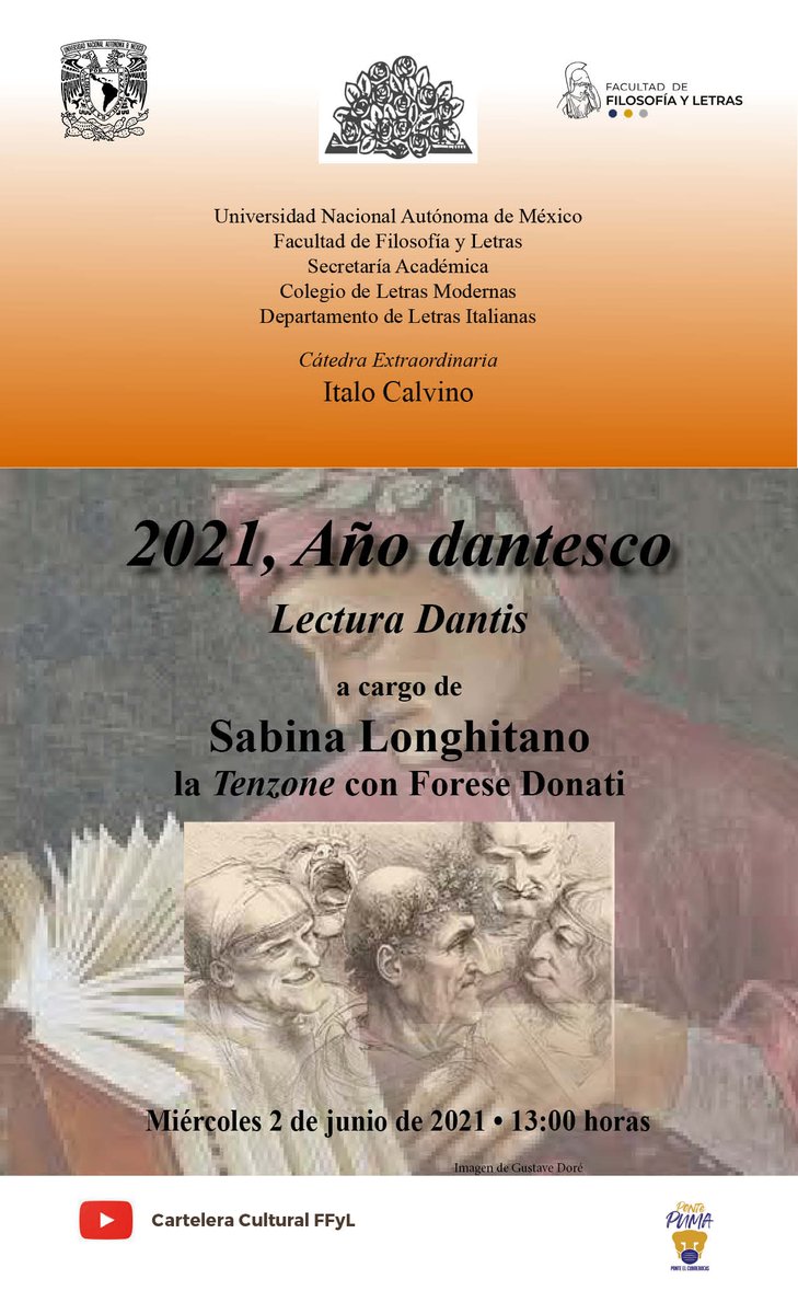 ItalyinMEX's tweet photo. Lecturae Dantis en el marco de la "Cattedra Straordinaria Italo Calvino"
La Profra. Sabina Longhitano hablará de la #Tenzone con Forese Donati.
2 de junio 1 PM
En vivo por #Youtube Cartelera Cultural FFyL https://t.co/sviqZ7MOnE
@filos_unam @ItalyMFA #Dante700 #DanteAlighieri https://t.co/1wlNZmuYAU