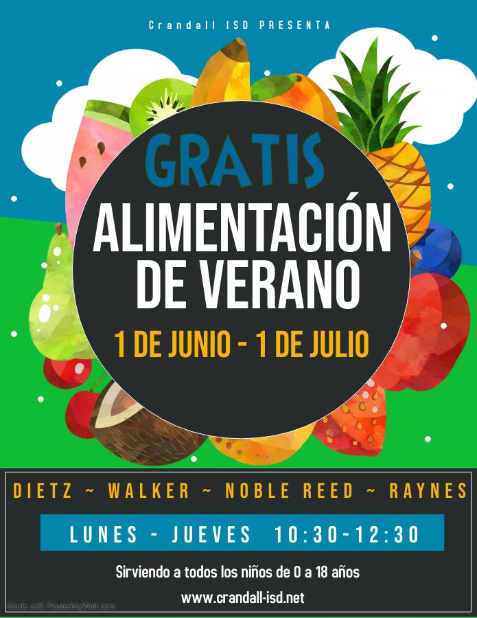 Beginning today, Crandall ISD will provide lunches for children 0-18 years from 10:30AM-12:30PM from June 1-July 1. Distribution sites will be at Dietz, Walker, Noble-Reed, and Raynes Administration Building.