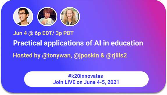 Gearing up for #k20innovates, the first conference on 
@TwitterSpaces, where <a href="/jposkin/">Jamie Poskin</a> (<a href="/TeachFX/">TeachFX</a>), <a href="/rjills2/">Becky Sacks</a> (<a href="/AdmitHub/">AdmitHub</a>) and I will talk #AI in #edtech. Join us and a stellar lineup on June 4-5. Follow <a href="/VritiSaraf/">Vriti Saraf 🌐 3.0</a> &amp; <a href="/K20Educators/">k20Educators</a> for more deets: k20educators.com/k20innovates