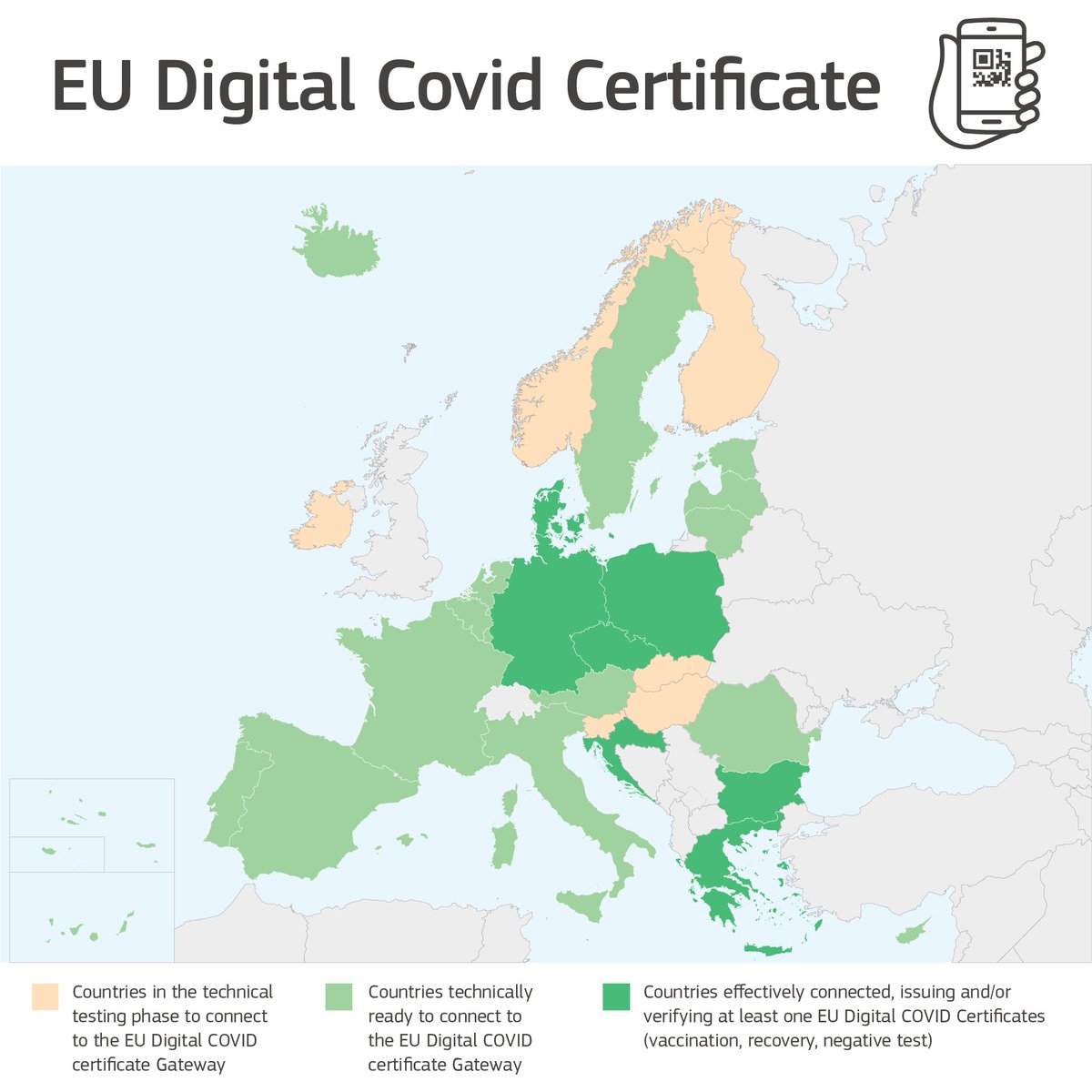 The EU Gateway for the EU Digital COVID Certificate is up and running.

This system allows to verify certificates in a secure and privacy-friendly way.

🇧🇬 🇨🇿 🇩🇰 🇩🇪 🇬🇷 🇭🇷 🇵🇱 have already connected and more countries will follow soon:  europa.eu/!yh86gY #EUCOVIDcertificate