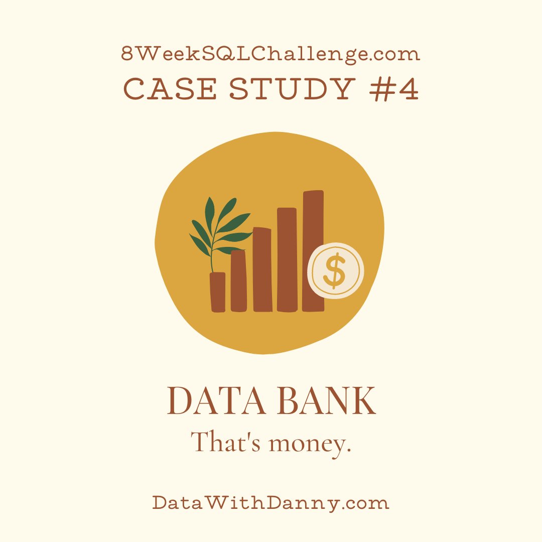 DataWithDanny's tweet image. Case Study 4 is now live at 8WeekSQLChallenge.com 🙂

Test your SQL skills and get some exposure to some common questions using data from the customer banking domain!

#DataWithDanny #100DaysOfCode