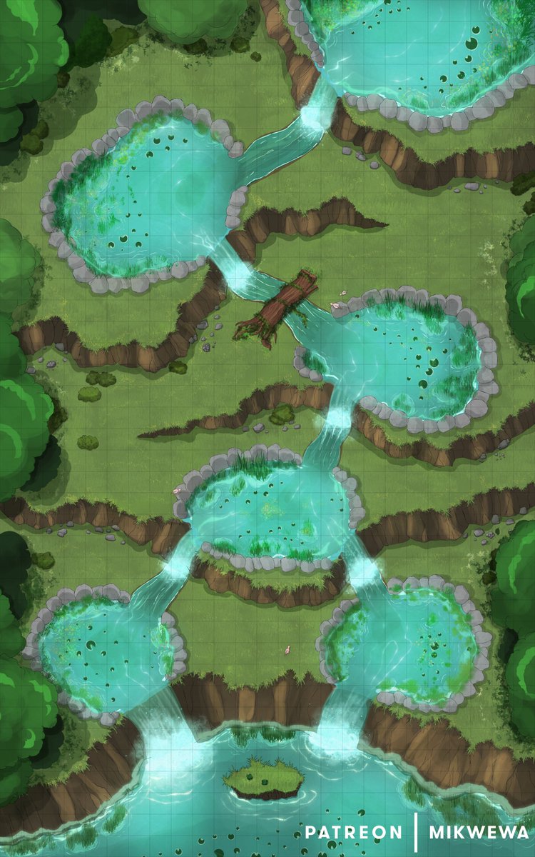 Cascade Pools map [25x40] to relax, take a stroll, sunbathe, swim or stage a multi-level fight. 
#battlemap #DnD 
Every map variation has a day/night and grid/griddles map, so you can use it for your campaign as you see fit!