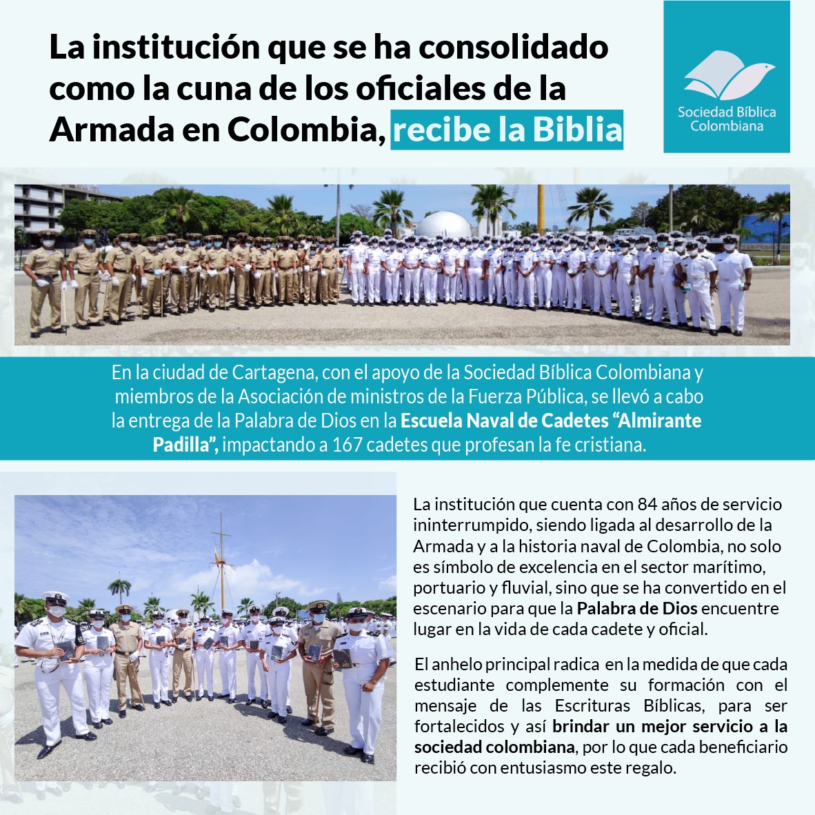 Entrega de #Biblias para la Escuela Naval de Cadetes "Almirante Padilla" <a href="/ENAPCARTAGENA/">ESCUELA NAVAL DE CADETES ALMIRANTE PADILLA</a> fortaleciéndoles para que su servicio sea cada vez mejor para la sociedad Colombiana 🇨🇴🇨🇴
Desde <a href="/SBColombiana/">Sociedad Bíblica Colombiana</a> seguimos transformando vidas con la Palabra de Dios 📖
#Esperanza #Martes