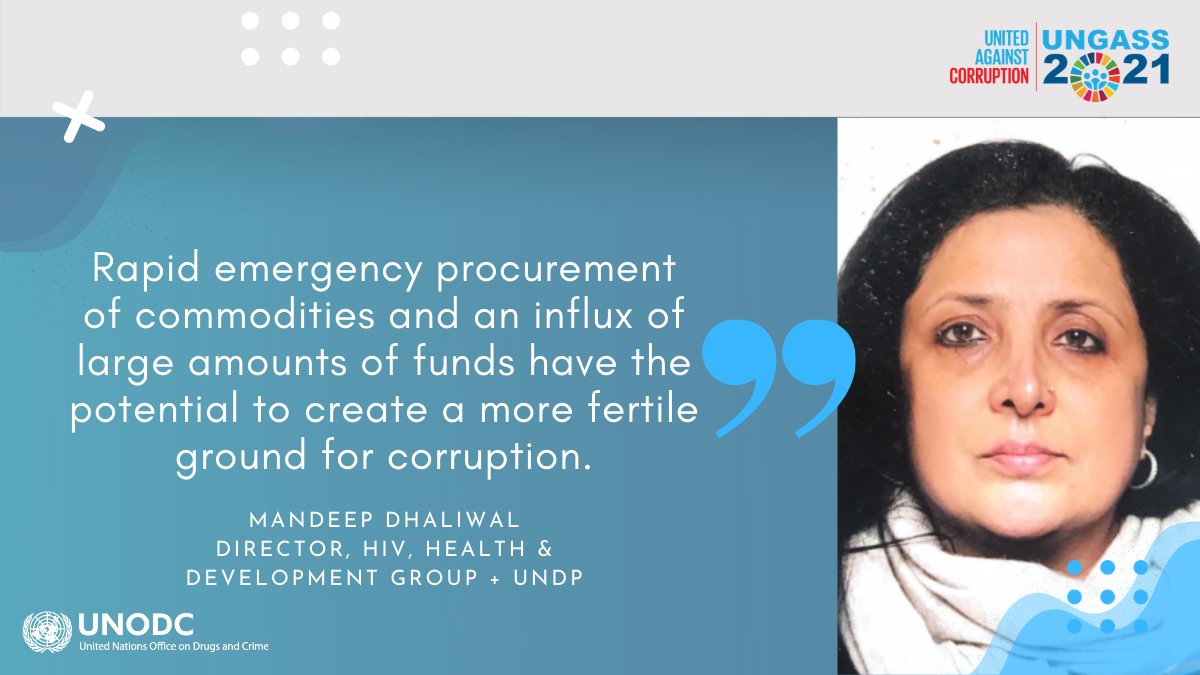 UNODC's tweet photo. “#Corruption undermines our ability to achieve universal health coverage, the Sustainable Development Goals and the pledge to #LeaveNoOneBehind” highlighted @Mandeep_Dh, @UNDP Director, HIV, Health &amp; Development Group

#UnitedAgainstCorruption #UNGASS2021 https://t.co/jdL1mqdbhy