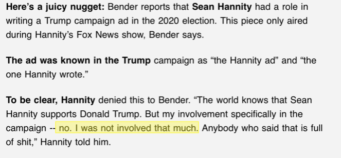 reedfrich's tweet photo. Hard to see how Fox News just ignores one of their prime time hosts openly admitting that he, in fact, *did* play a direct role in Trump's 2020 political campaign. #thatmuch? https://t.co/F6sU7TUPHz