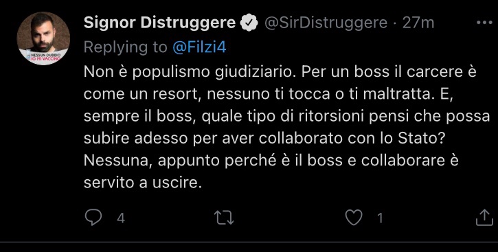 Filzi4's tweet image. Il tuttologo di turno: pesta una merda d’un certain regard e, quando glielo fai notare, prima ne pesta una addirittura gigantesca poi ti blocca (ma cancella il tweet). #1giugno #Brusca #grandhotelrebibbia