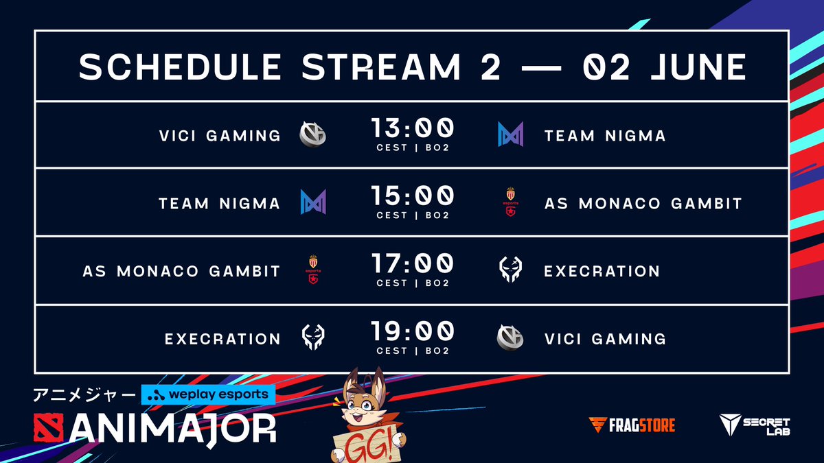 The #WePlayAniMajor will finally be underway tomorrow! 🥳

Here is the schedule for both streams!
Which match are you most looking forward too? 🤩

📺 twitch.tv/weplaydota
📺 twitch.tv/weplaydotab