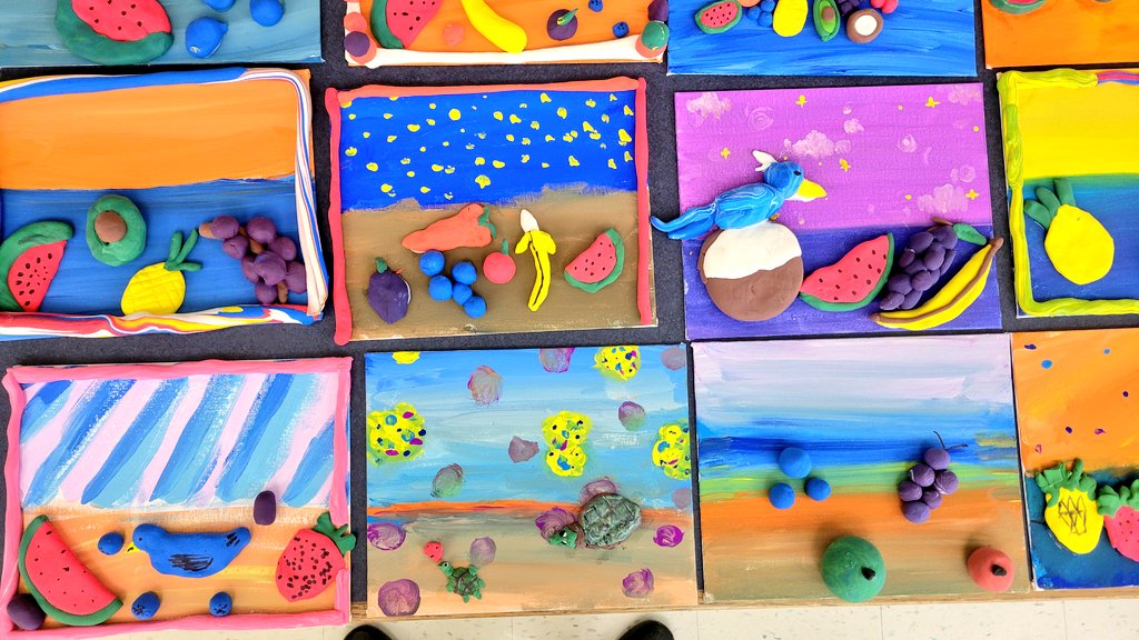 JuliaGoggi's tweet photo. Clay reliefs on canvas primed with colorful tempera. 5th graders' work inspired by the vibrant still life of Frida Kahlo. #academicchoice #mixedmedia #processart #k12art @WPSSicomac https://t.co/AJzYEc2KVv