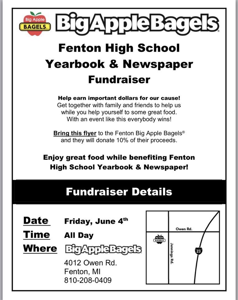 fentonyrbk's tweet photo. This Fri 6/4, we are partnering with Big Apple Bagels. Show this flyer and we earn 10% of the proceeds. The FHS publications programs appreciate your support! https://t.co/cBRrZYxvfT