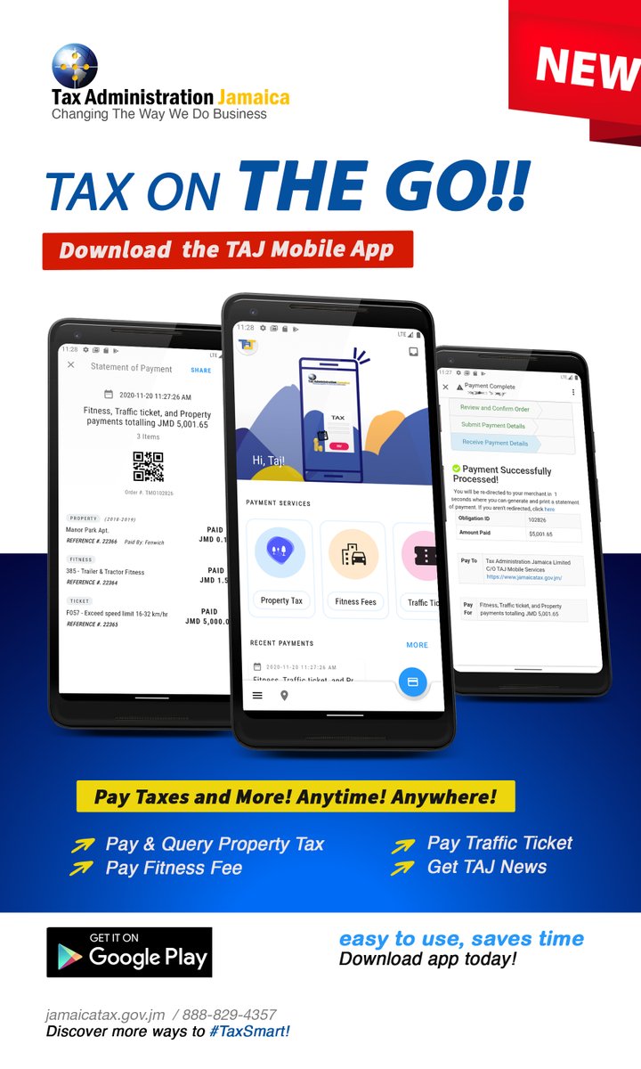 JamaicaTax's tweet photo. GO DIGITAL with #TAJmobile in the palm of your hand. #ClickAButtonConvenience on the go. Get the app @GooglePlay today, be #TaxSMART. @MSETGovJM @MOFJamaica @realtorsjamaica @LocalGovJa @JamaicaConstab @LoopJamaica @gleaneronline @egovja https://t.co/iY9nkTSBYS